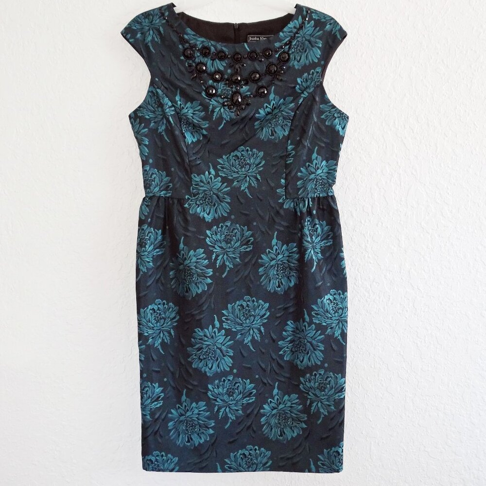 JESSICA HOWARD Women's 8P Green Floral Sheath Dress Sleeveless Jacquard Beaded